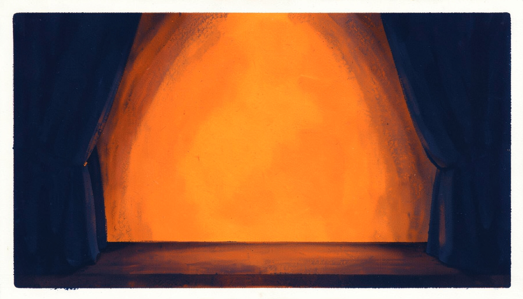 Matte gouache painting of a softly lit stage backdrop in navy and warm orange, evoking a printed championship programme.